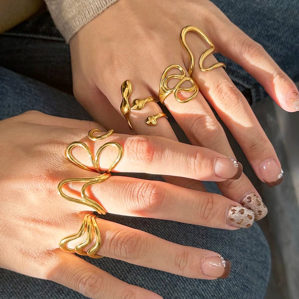 18K Goud Vergulde Bedel Onregelmatige Vloeibare Niche Uniek Lijnontwerp Open Ring Dames Hoge Kwaliteit Roestvrijstalen Sieraden Geschenk