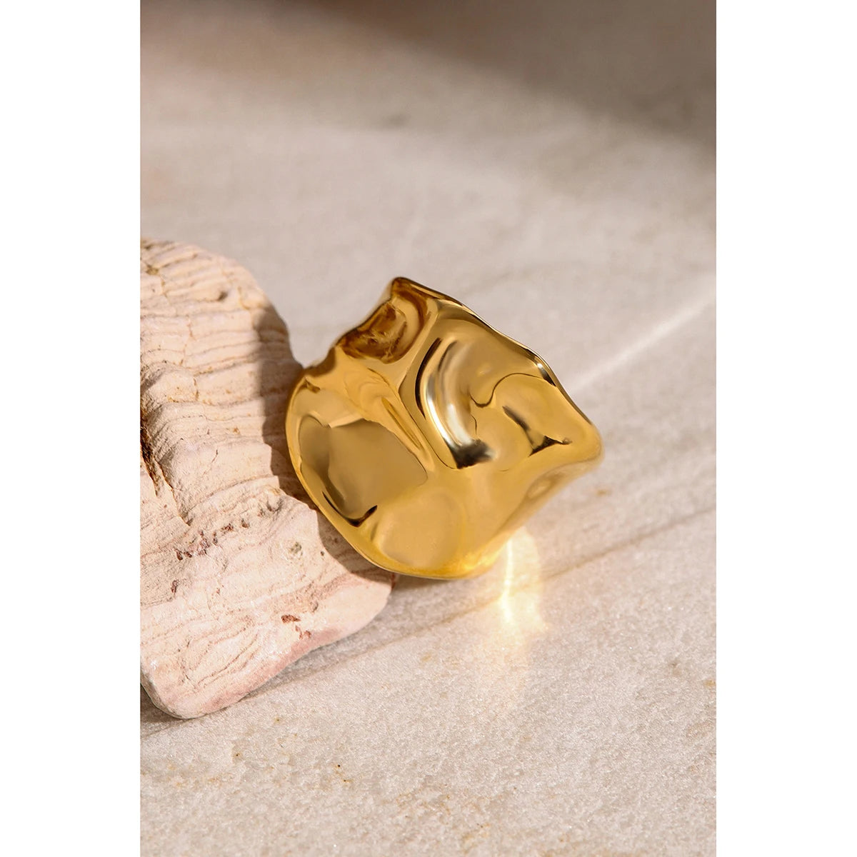 18K PVD Plated Fashion Big Hammer Grain Smooth Open Ring Stainless Steel Women Prevent Allergy Trendy Daily Femme Gift