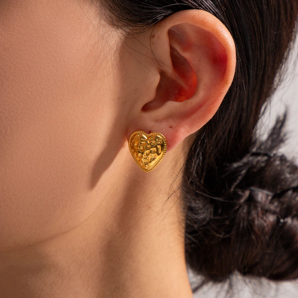Heart Hammer Grain Earrings 18K Gold-Plated Trendy Tarnish-proof Love Shape Dangle Women's Fashion Geometric Earrings