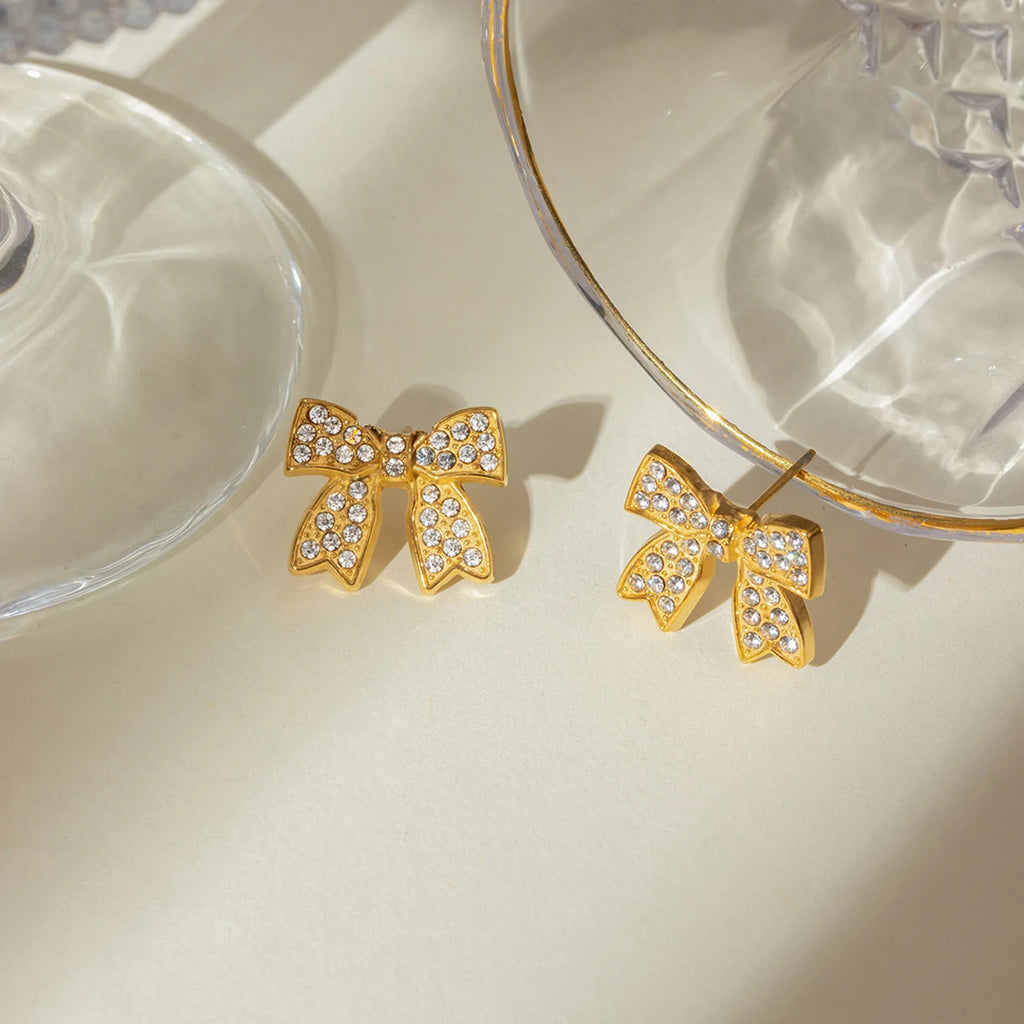 18K PVD Minimalist Light Cozy Stainless Steel Bowknot Rhinestone Open Ring Earring Set Trendy Women Waterproof Bijoux Jewelry