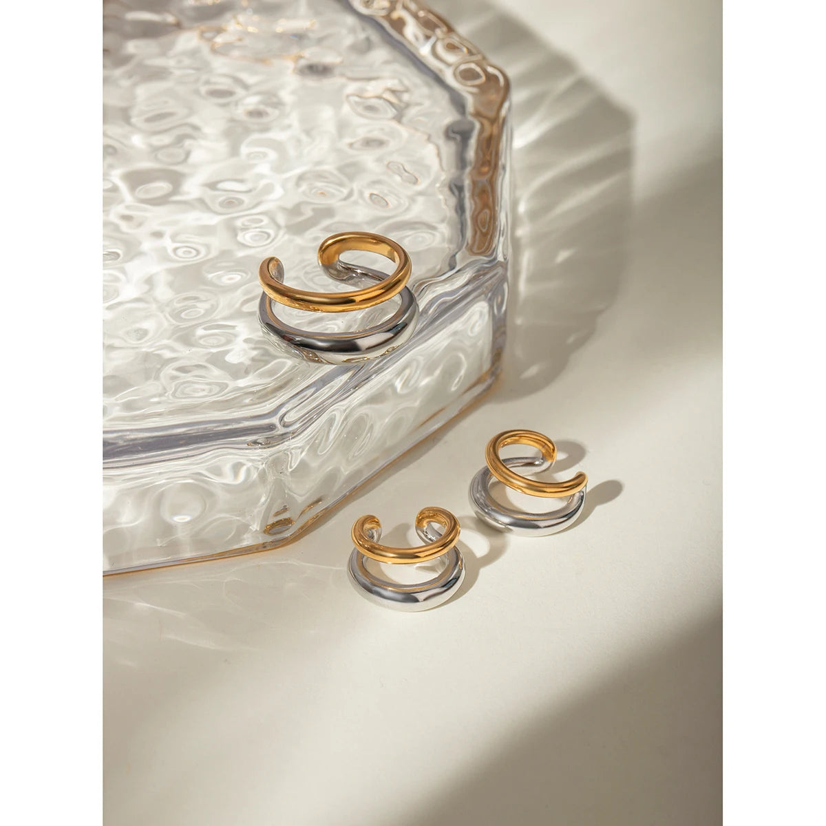 Retro 18k Gold Plated Stainless Steel Color-matching Double Layer Opening Ring Ear-clip Set for Women Charm Stylish Jewelry