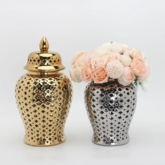 Silver Hollow General Jar Small Ginger Jar Porcelain Decorative Storage Tank Vase with Lid Handicraft Ornaments Home Accessories