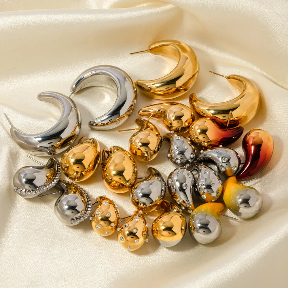 Vanddråbe i rustfrit stål Håndemaljerede, hule øreringe i mode, personlig guldfarve tekstur, vandtætte smykker