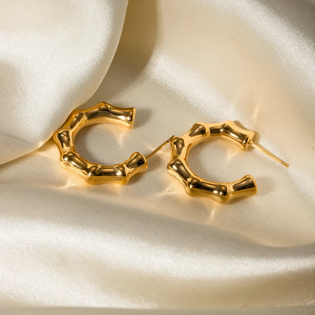 Stainless Steel Creative 18K Gold Plated Minimalist Smooth Bamboo Joint C-shaped Earrings Waterproof Personality Jewelry