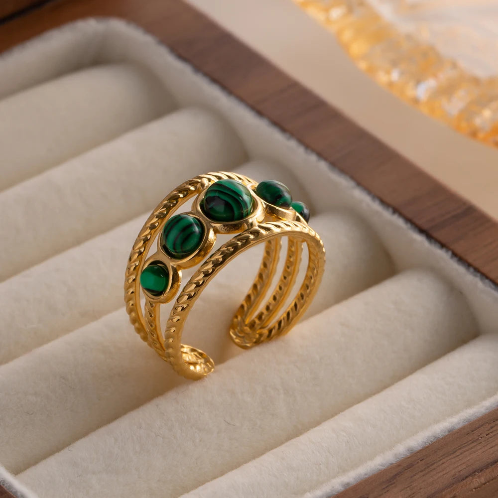 Water Proof PVD Gold Plated Stainless Steel Natural Malachite Stone Hollow Adjustable Rings Waterproof anillo acero inoxidable