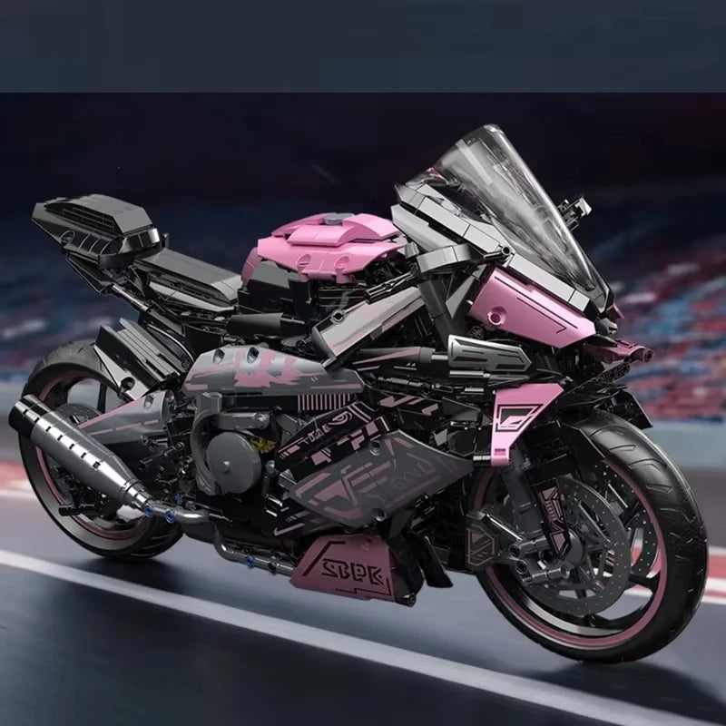 Kbox Pink Motorcycle Racing Building Block Model | 2045PCS Large-Scale Collectible Block Toy | Desktop Decoration