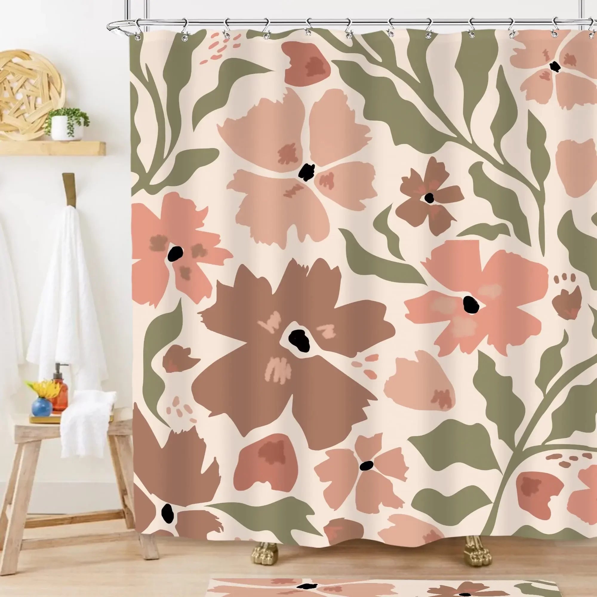 Colorful Flower Shower Curtain, Matisse Flower Danish Pastel Flower Abstract Mid-Century Minimalist Bohemian Bathroom Decoration