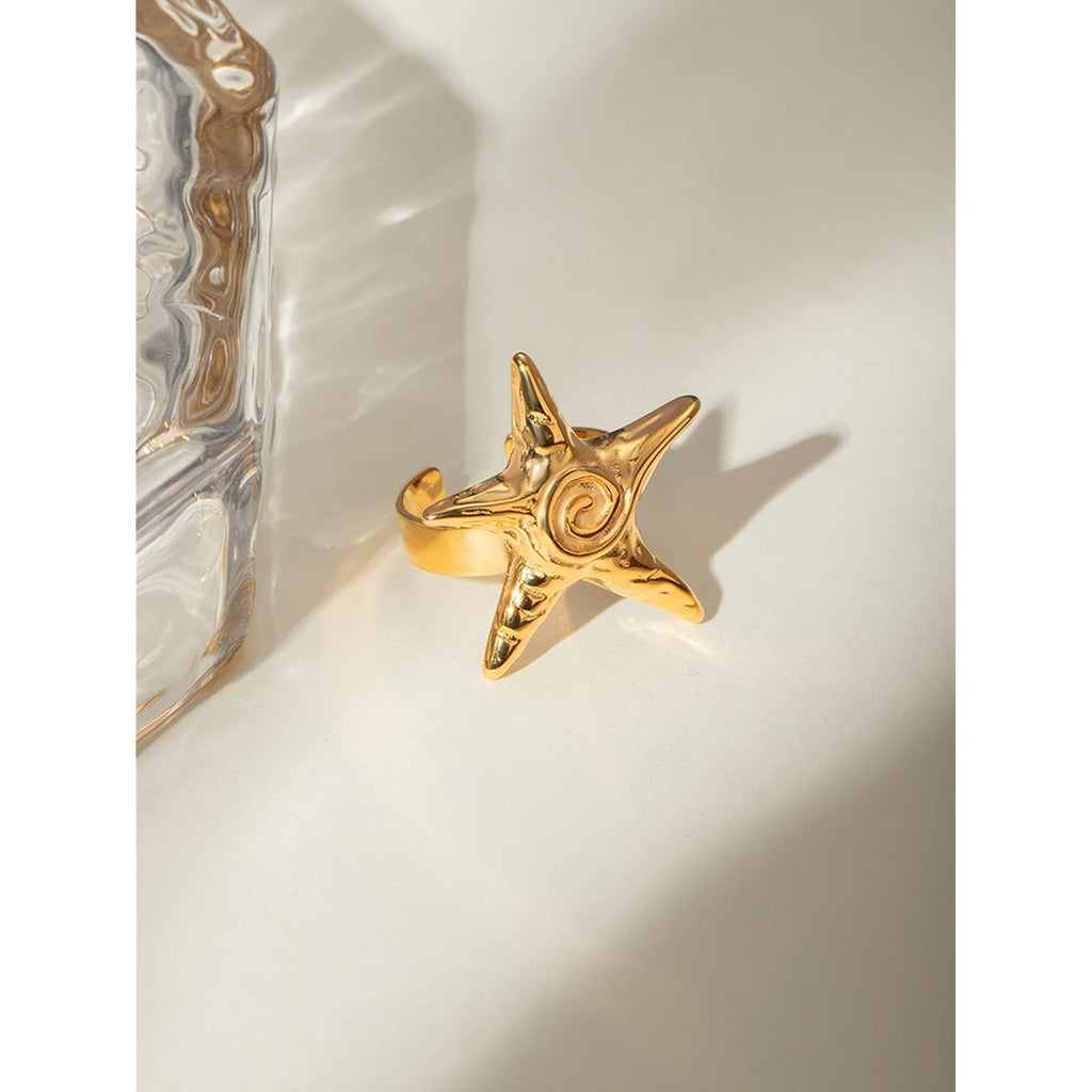 Anillo abierto vintage de estrella de mar roscada de acero inoxidable chapado en oro de 18k para mujer, encanto, joyería dorada elegante, regalo de verano para la playa