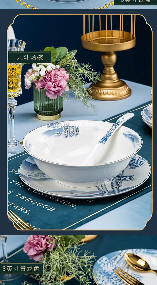 Ensemble complet de bols, plats et assiettes en céramique de Jingdezhen, ensemble de vaisselle en porcelaine bleue et blanche