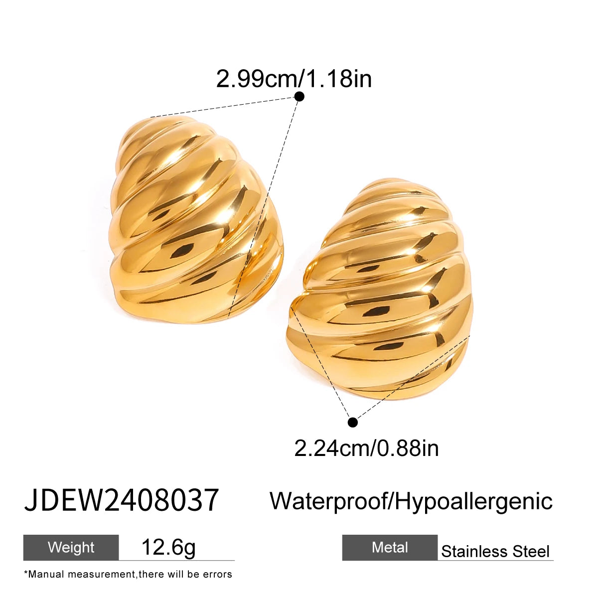 18K forgyldt rustfrit stål ovale geometriske glatte ribbede buttede øreringe Dame charms Metaltekstur Vandtætte smykker