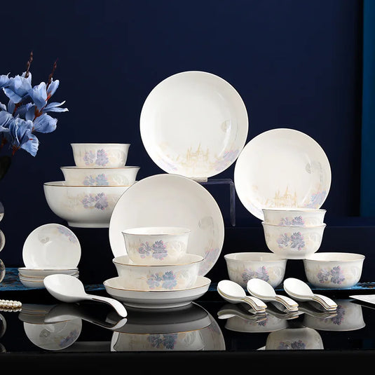 Zimo Flower Phnom Penh Bone Porcelain Tableware, Household Light Luxury Ceramic Bowl and Spoon Set, Bowl and Plate Combination