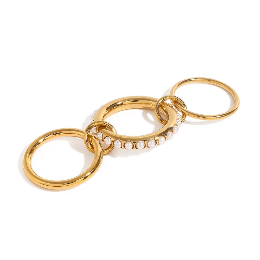 Anello aperto a tre strati con perla di vetro geometrica, misura 8, metallo in acciaio inossidabile placcato 18K PVD, gioielleria antiallergica