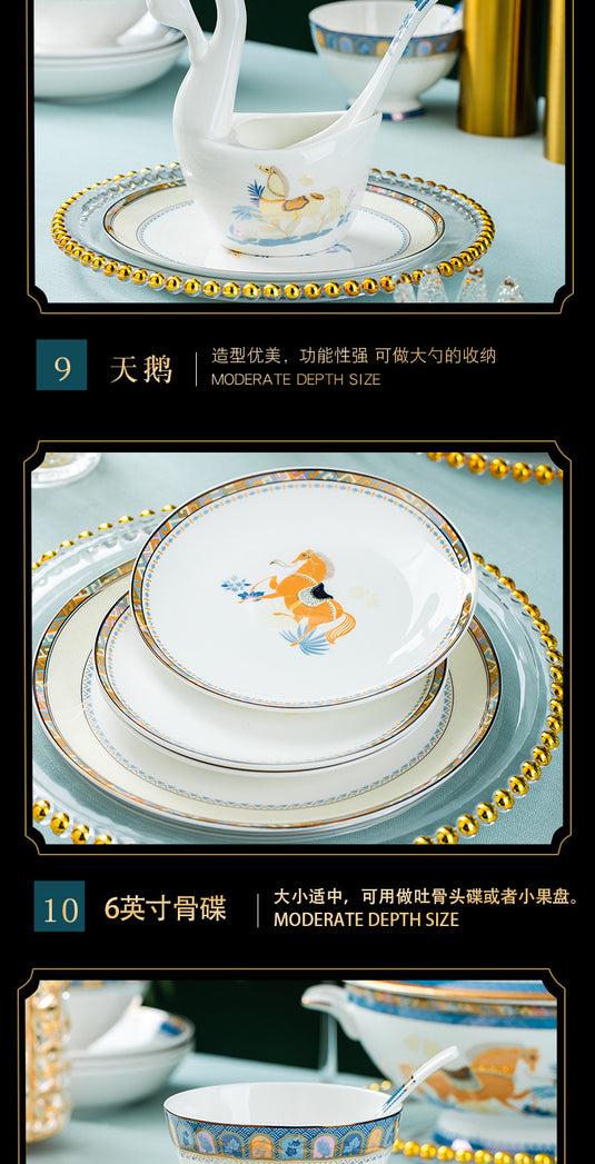 Vaisselle en céramique Jingdezhen, ensemble de bols et d'assiettes, vaisselle en porcelaine d'os de luxe nordique légère avec bordure dorée