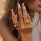 18K vergoldeter Edelstahl wasserdicht Lavatextur konkave Ohrring-Ring-Kombination Statement-Schmuck Frauen Party Geschenk