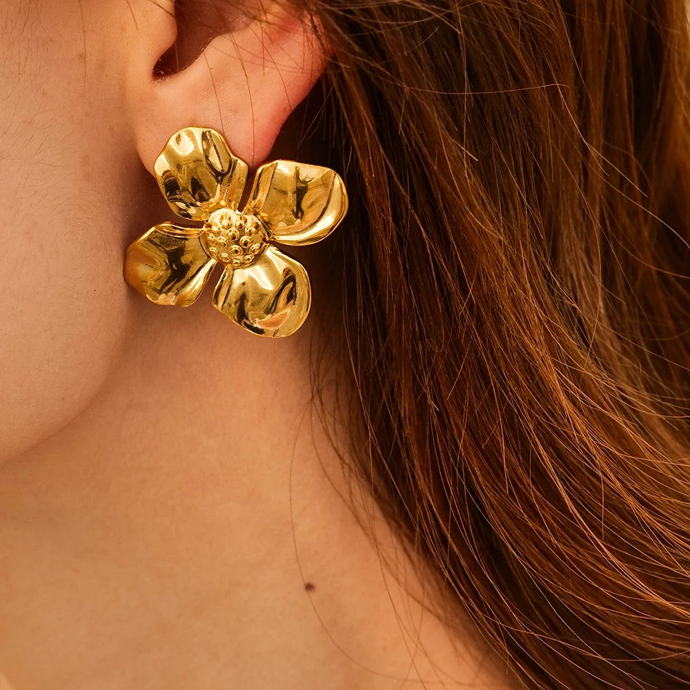 Pendientes de botón con flor exagerada de acero inoxidable, chapados en PVD de oro de 18K, encanto de textura de acero inoxidable, joyería de moda femenina, regalo