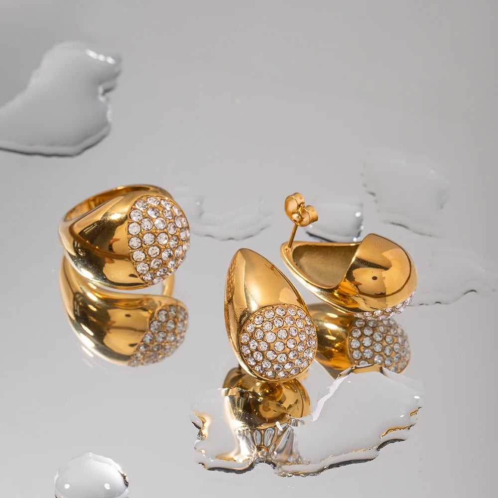 Rustfrit stål 18K forgyldt buttede vanddråbe ørestikker/ringindlæg Rhinestone Damer lette luksus øre/finger smykker