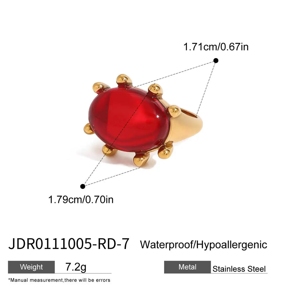 Exquisite 18k Gold Plated Stainless Steel Vintage Exaggerated Inlaid Green Agate Ring Size 7 Women Trendy Charm Chic Jewelry