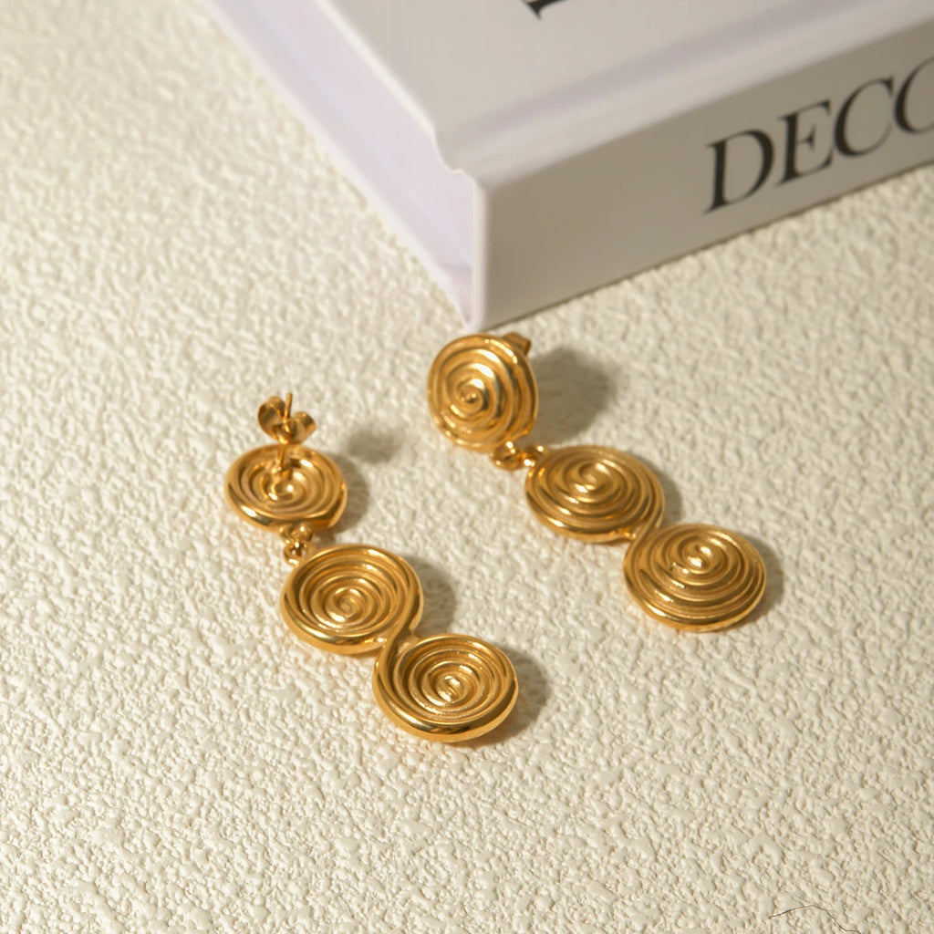 Vintage 18K Gold Plated Creative Stainless Steel Threaded Shaped Pendant Earrings Personality Charm Fashion Jewelry Women