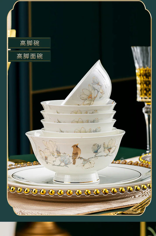 Jingdezhen kinesisk stil husholdnings keramiske skåle, tallerkener, sæt, æsker, benporcelænsservice, skåle, spisepinde, sæt, porcelæn