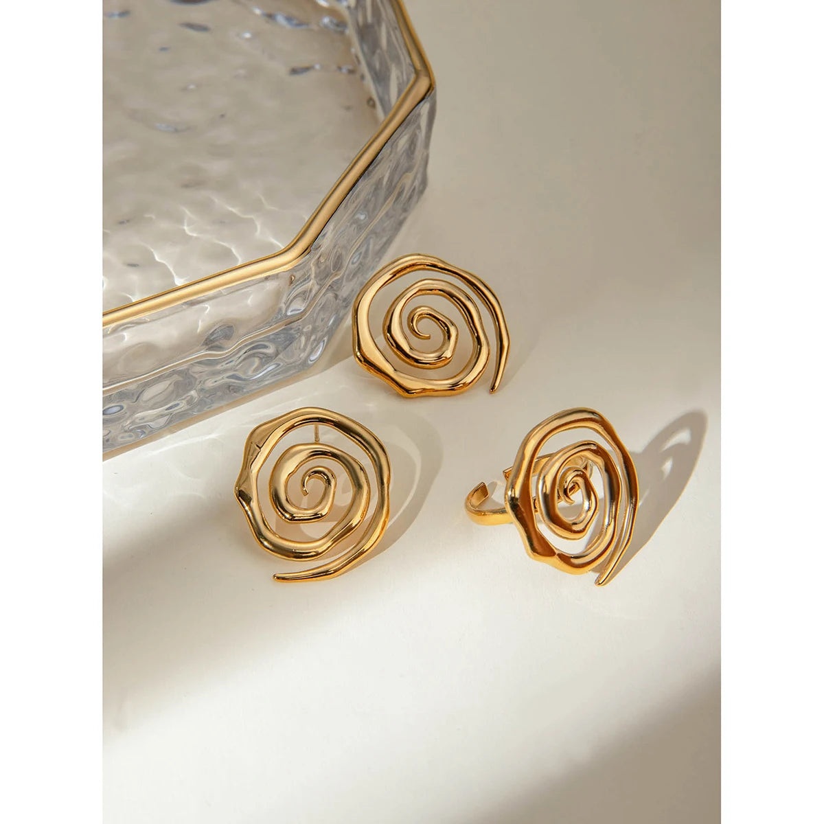 18K PVD Plated Trendy Stainless Steel Round Threaded Earring Ring Set Charm Jewelry Waterproof for Women Gala Gift - Grand Goldman