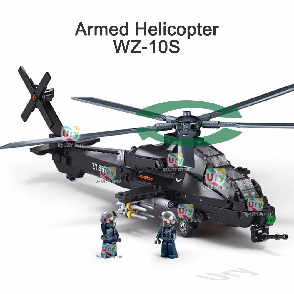 Sluban Military Series WW2 WZ-10S Armed Helicopter J20BS Stealth Fighter Jet Pilots Model Building Blocks Toy for Boy Kids Gift