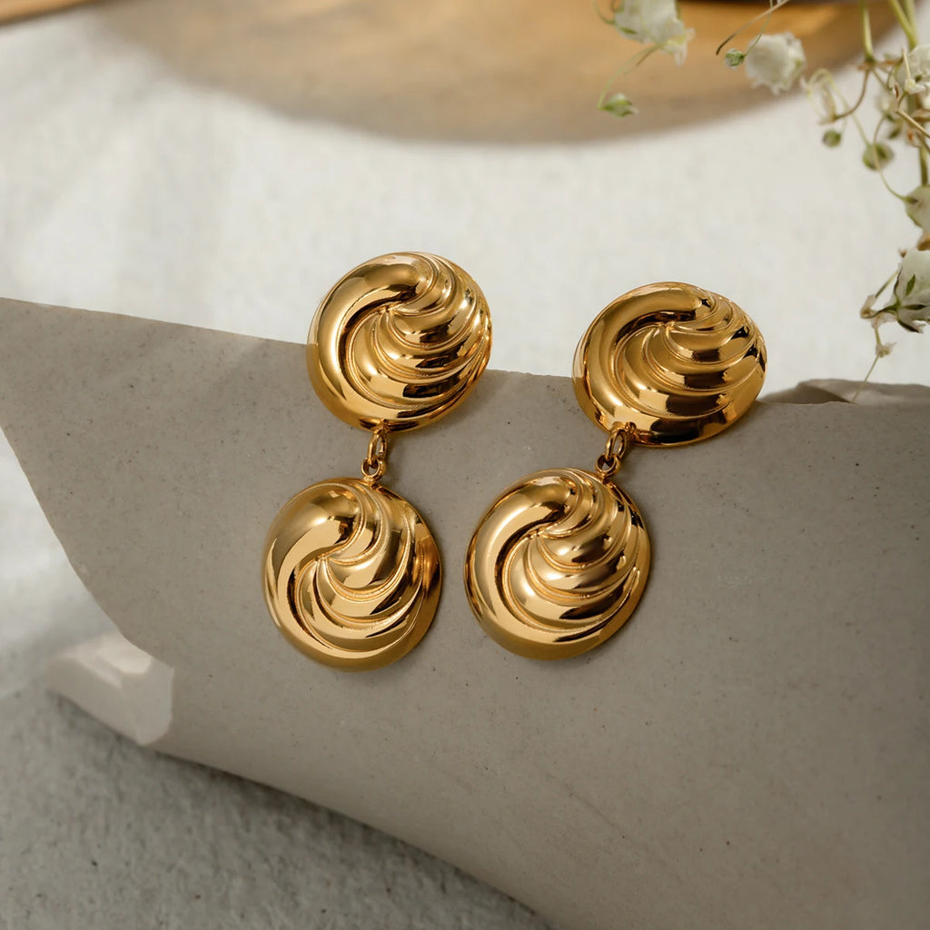 Brincos de Pingente Redondo Convexo com Fio Banhados a Ouro 18K em Aço Inoxidável Personalidade Declaração Estilo Joias Femininas à Prova d'Água