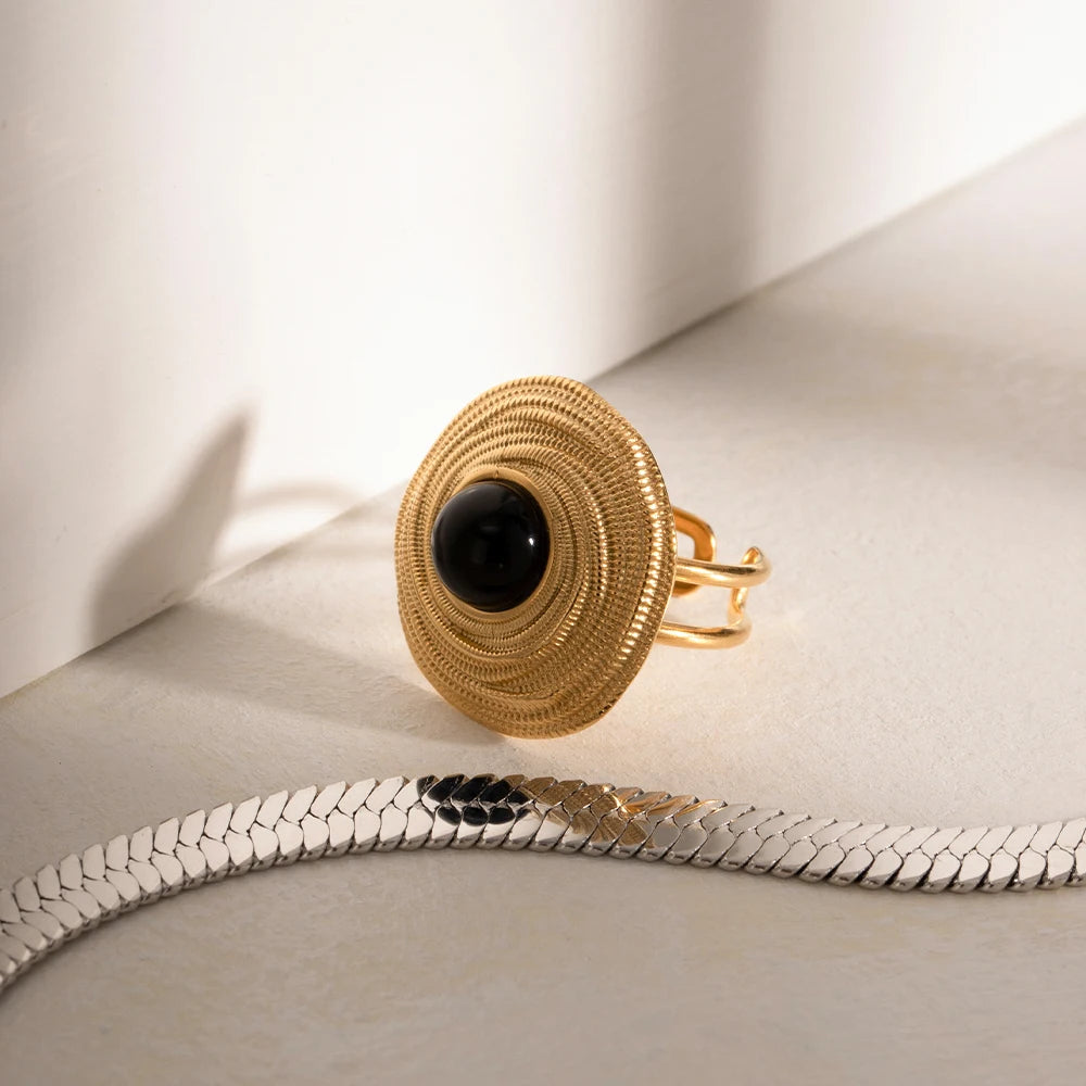 18K vergoldeter, strukturierter Edelstahl-Wickel-Design-Ring mit schwarzem Achat, luxuriöser Ring für Damenfinger Schmuck collares para mujer