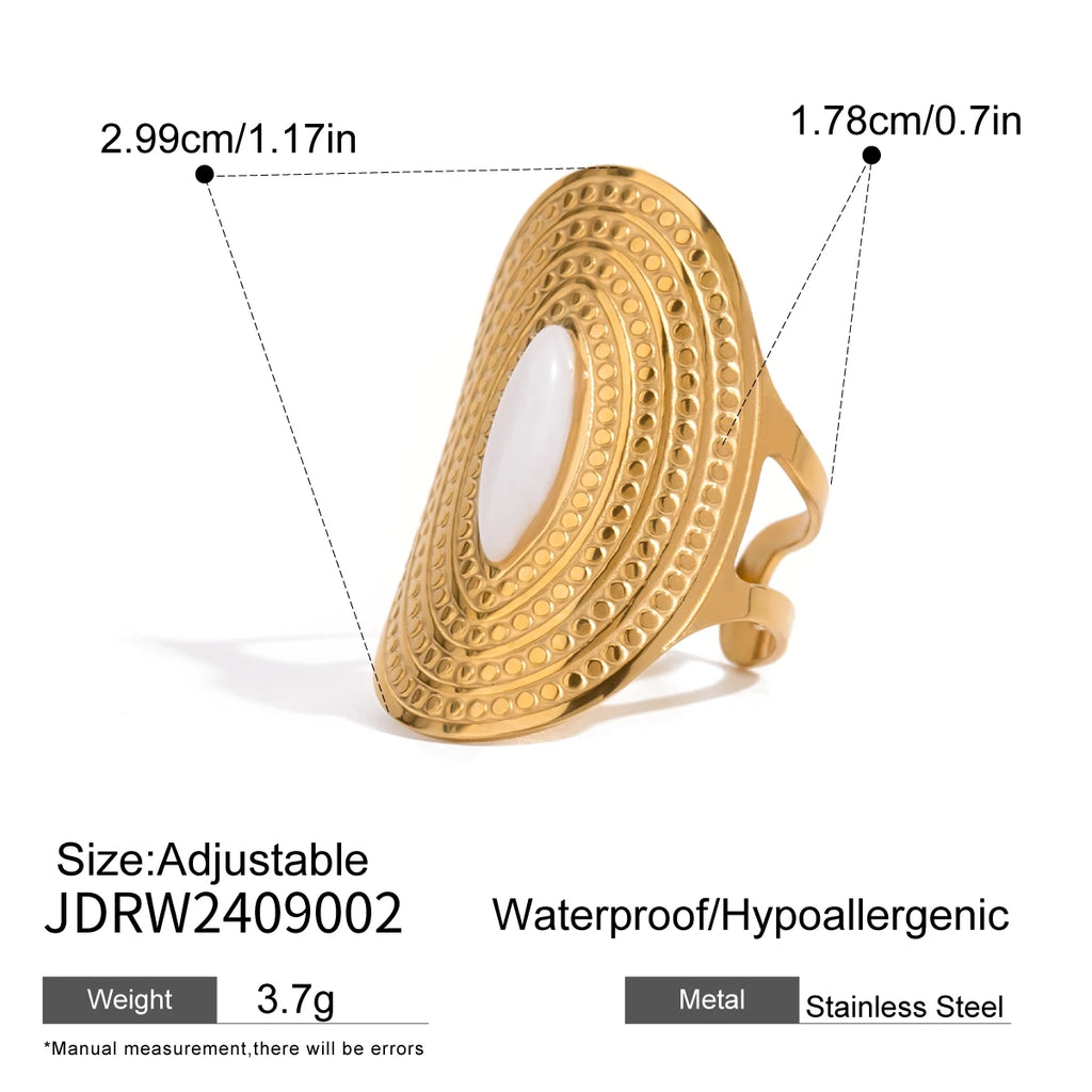 Trendy Horse Eye White Jade Oval Opening Ring Stainless Steel Metal 18K PVD