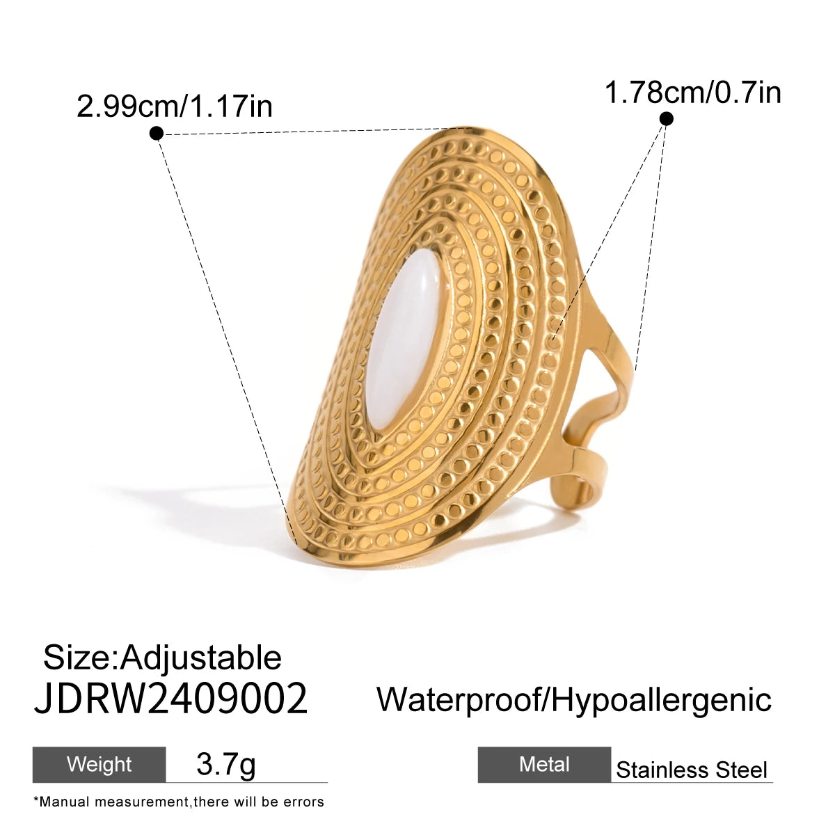 Trendy Horse Eye White Jade Oval Opening Ring Stainless Steel Metal 18K PVD