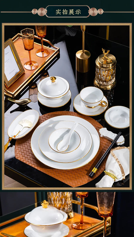 Jingdezhen tableware set, hotel tableware, dishes, gifts, handmade gilt edged dining plates, household dining plates