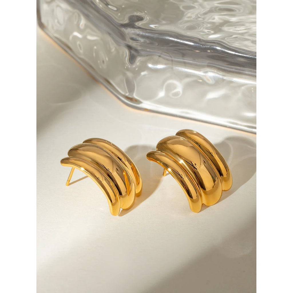 Orecchini alla moda semplici lucidi concavi e convessi in metallo intrecciato in acciaio inossidabile placcati oro 18K gioielli charm quotidiani da donna