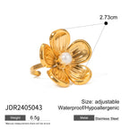 Vintage 18K Gold Plated Stainless Steel Pearl Geometric Flower Shaped Open End Ring Women Anti Allergic Charm Daily Jewelry