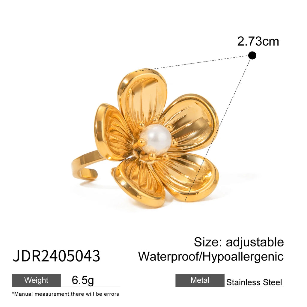 Vintage 18K Gold Plated Stainless Steel Pearl Geometric Flower Shaped Open End Ring Women Anti Allergic Charm Daily Jewelry
