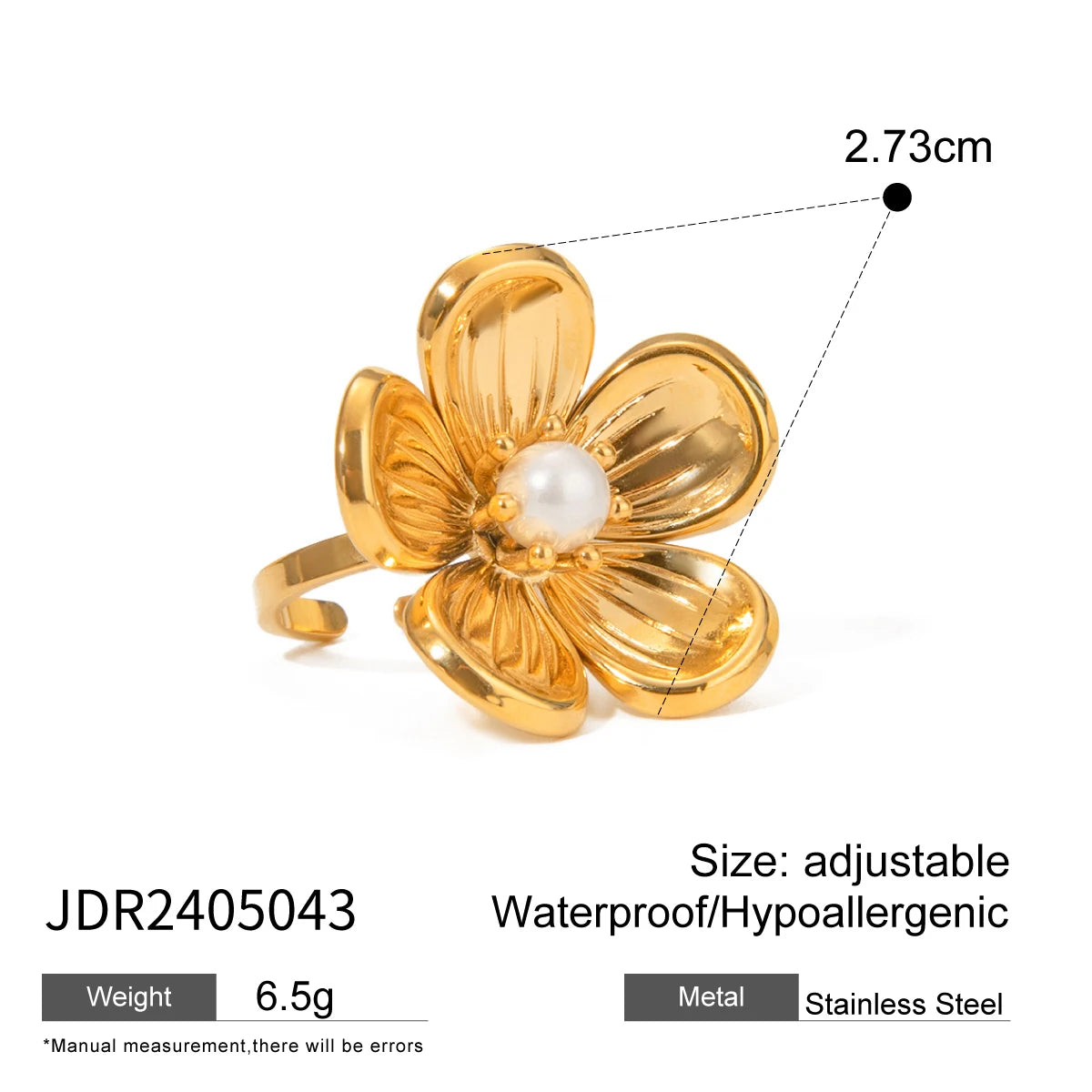 Vintage 18K Gold Plated Stainless Steel Pearl Geometric Flower Shaped Open End Ring Women Anti Allergic Charm Daily Jewelry