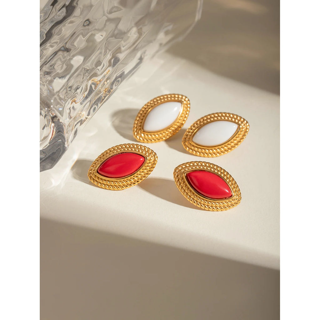 18k Gold Plated Stylish Geometric Minimalist Red Agate Horse-eye EarringsStainless Steel Women Anti Allergenic Jewelry