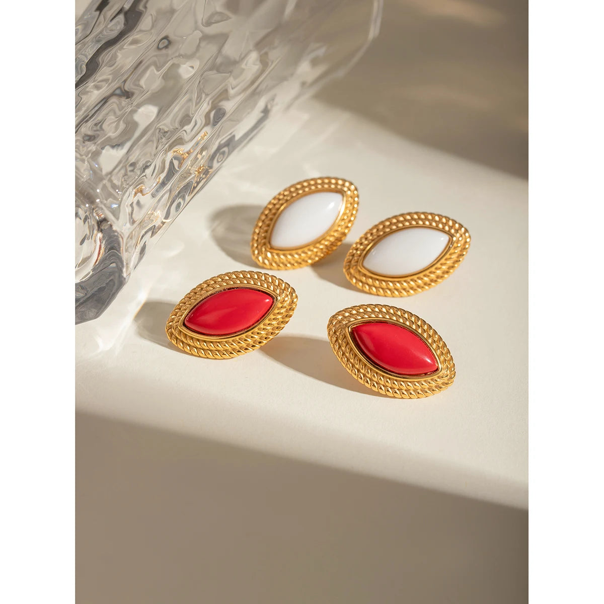 18k Gold Plated Stylish Geometric Minimalist Red Agate Horse-eye EarringsStainless Steel Women Anti Allergenic Jewelry