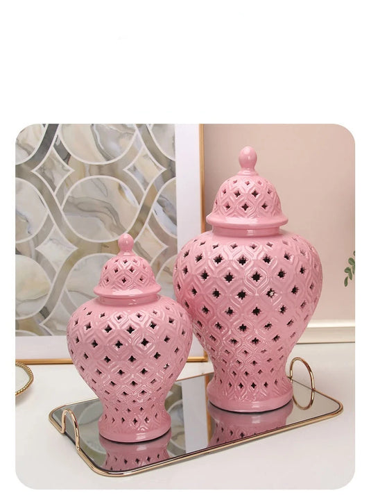 Pink Hollow General Jar Ceramic Ginger Jar Vase Candy Storage Jar Art Decorative Tank Flower Arrangement Home Craft Decoration