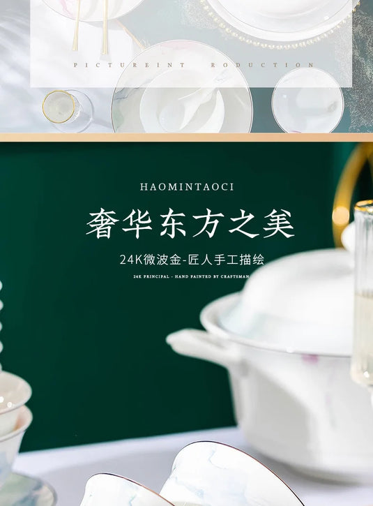 Jingdezhen Ceramic Bowl and Dish Set, Bone Porcelain Bowl and Chopstick Household Tableware Set