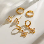 3 par pr. kort rustfrit stål hvid zirkon firespidsede stjerne øreringe 18K PVD belagte anti-allergiske rustsikre smykker