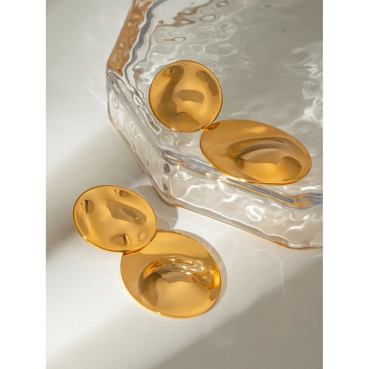18K Gold Plated Stainless Steel Metal Oval Large Smooth Concave And Convex Earrings Women Daily Metal Texture Trendy Jewelry - Grand Goldman