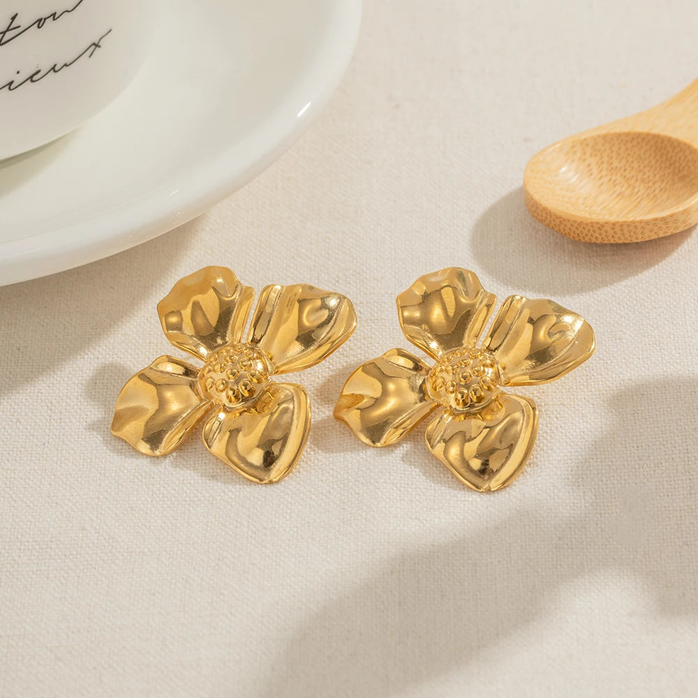 Exaggerated Stainless Steel Flower Stud Earrings 18K Gold PVD Plated Stainless Steel Texture Charm Fashion Female Jewelry gift