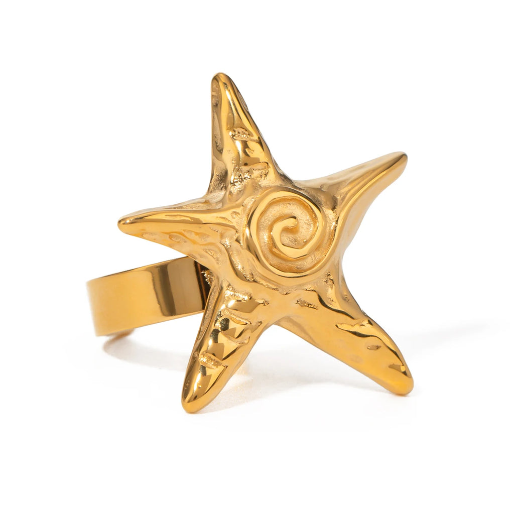 Anillo abierto vintage de estrella de mar roscada de acero inoxidable chapado en oro de 18k para mujer, encanto, joyería dorada elegante, regalo de verano para la playa