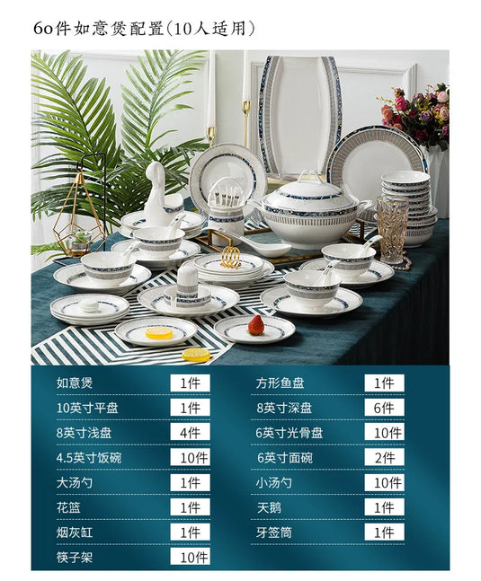 Coffret cadeau de vaisselle en céramique peinte à la main de luxe bleu glacier Jingdezhen Ensemble de bols et de baguettes en porcelaine de Chine chic