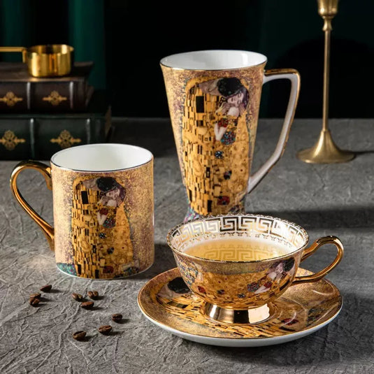 GUSTAV KLIMT Bone China Elegant Bone China Coffee Mug Set Luxurious Hand-Painted European Drinkware White and Gold Coffee/Tea Cups with Saucers Perfect Gift for Home Office Cafe Restaurant Leisure Bar Tea House - Birthday Mother Fathers Wedding Present