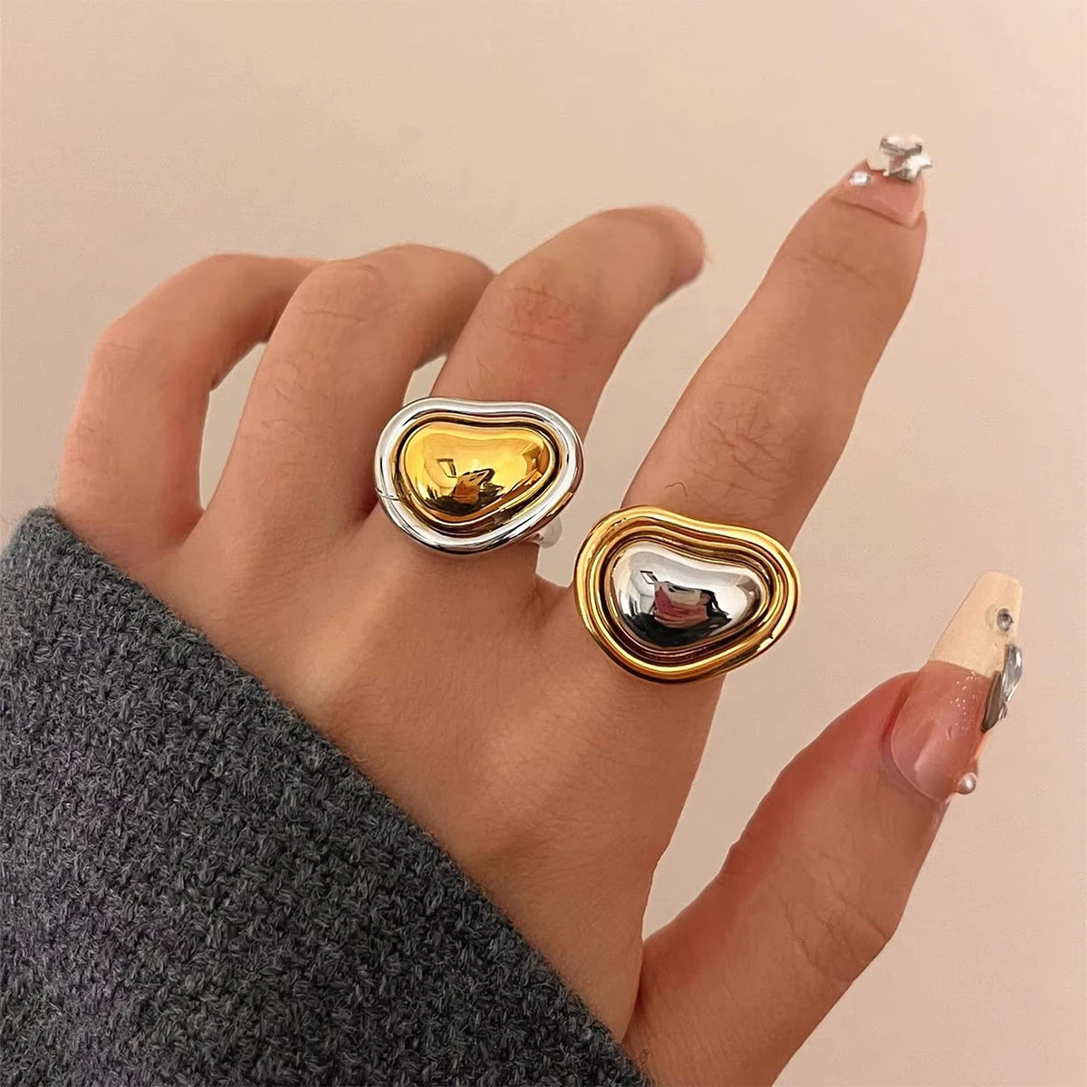 18k Gold Plated Stainless Steel Simple Elegant Color Matching Irregular Love Heart Ring Women Trendy Charm Chic Jewelry