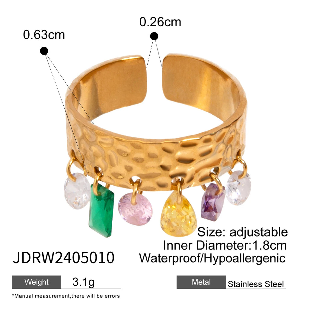 Anel Aberto Feminino de Aço Inoxidável com Pedra Natural Colorida, Padrão de Grão Martelado, Banhado a Ouro 18K Anti-alérgico, Charme para Uso Diário