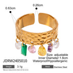 Anel Aberto Feminino de Aço Inoxidável com Pedra Natural Colorida, Padrão de Grão Martelado, Banhado a Ouro 18K Anti-alérgico, Charme para Uso Diário