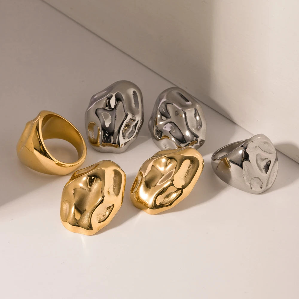 18K vergoldeter Edelstahl wasserdicht Lavatextur konkave Ohrring-Ring-Kombination Statement-Schmuck Frauen Party Geschenk