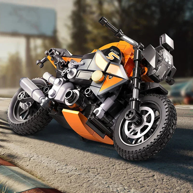 196pcs orange motorcycle building blocks, small particle building, diy puzzle transportation toys for kids assembly