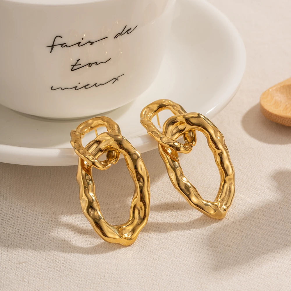 New Trendy Casting Braid Exaggerated Stainless Steel 18K Gold Plated Elliptical Charm Lady Fashion Loop Hoop Earrings - Grand Goldman